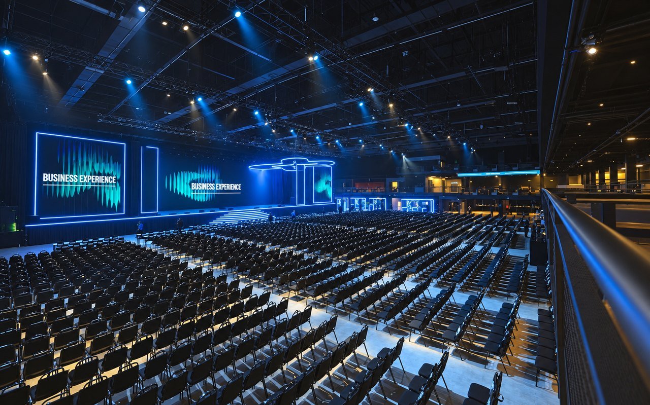 Suhai Music Hall montada para evento corporativo, com plateia de cadeiras e palco com telões de LED azul